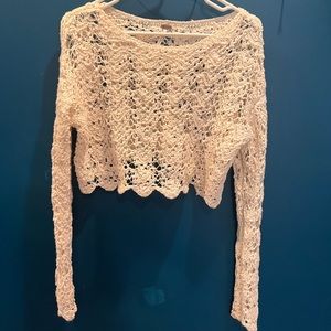 Free People Cream Crochet Cropped Sweater